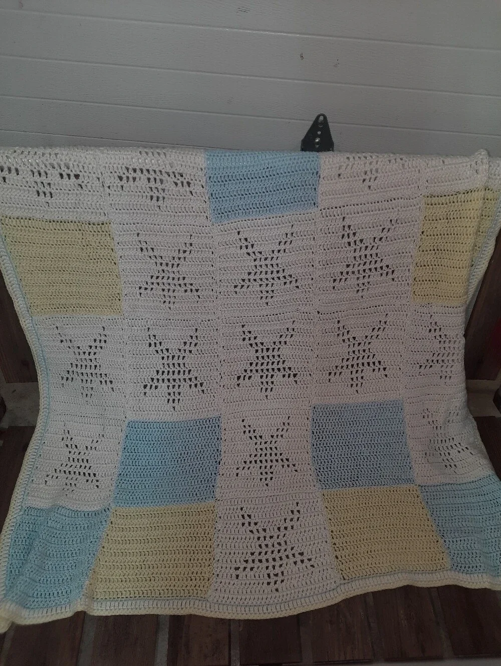 Handmade Crochet Star Baby Blanket in White, Blue & Yellow